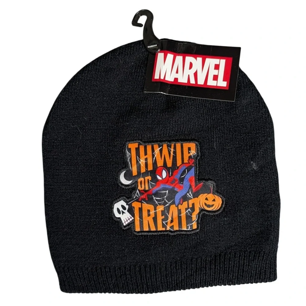 Marvel Spider-Man Halloween Beanie Black Thwip or Treat Kids Knit‎ Hat NEW
